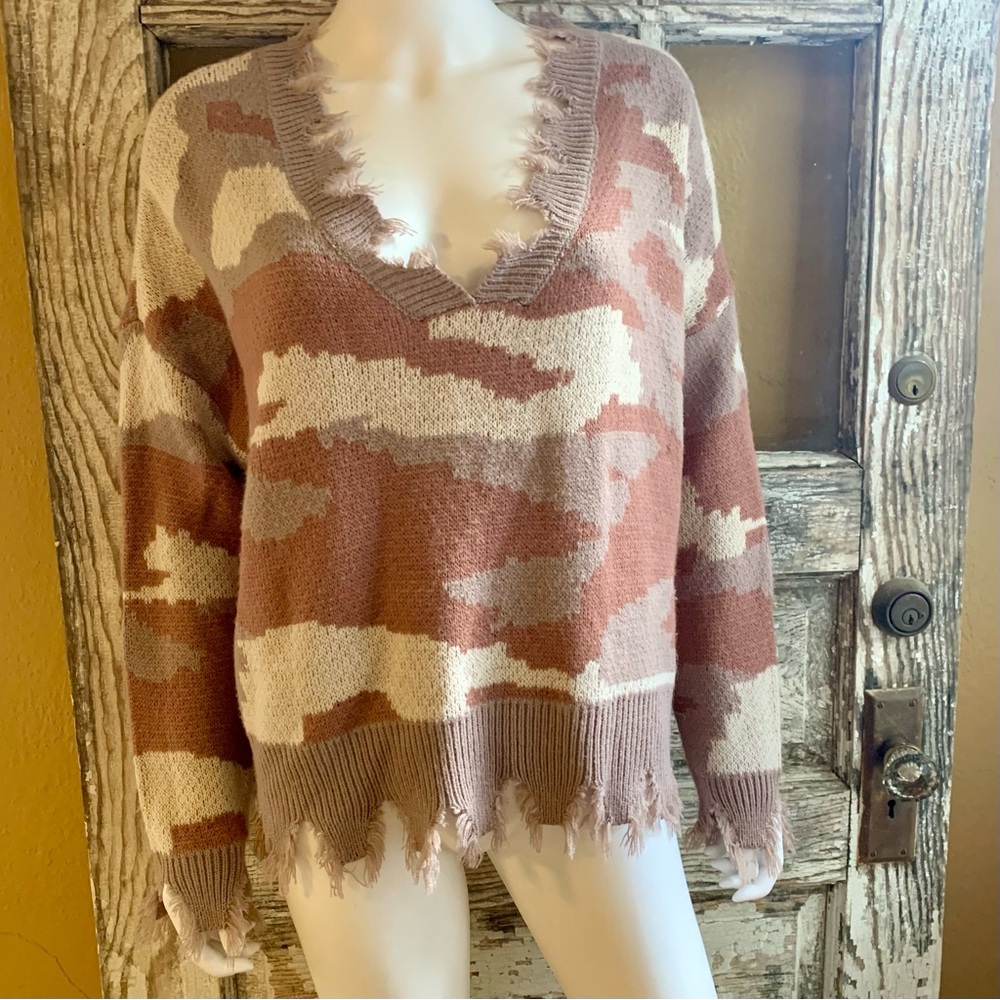 Neutral Camo Distressed Sweater